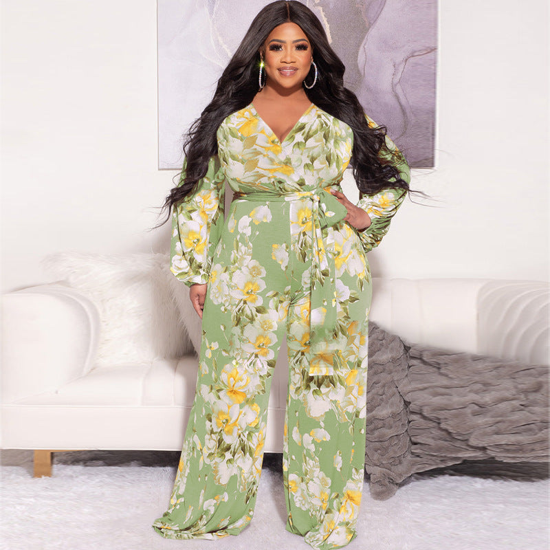 Plus Size Autumn Floral Print With Belt Loose Casual Jumpsuit