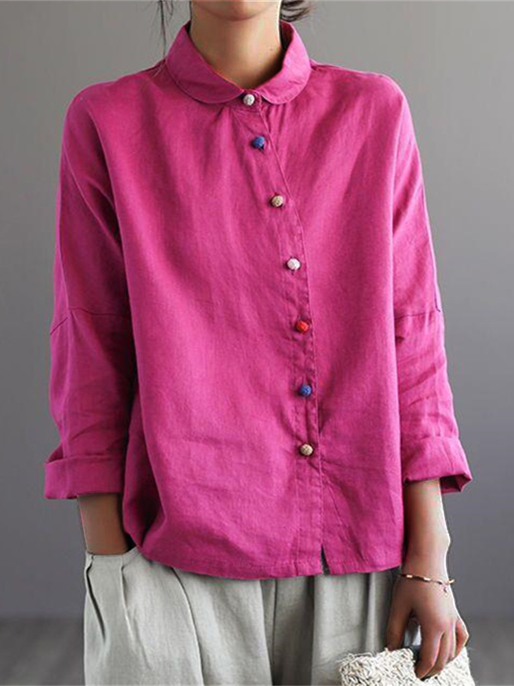 Colorful Buttons Asymmetric Placket Blouse