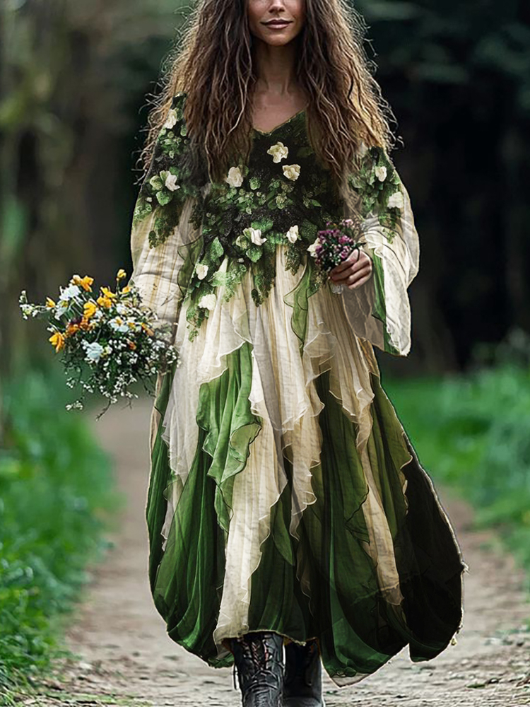 Forest Elf Floral Flowy Linen Blend Maxi Dress