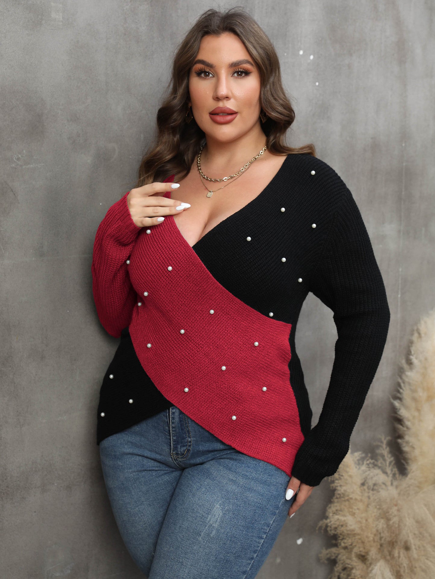 Plus Size Women Clothes Color Contrast Patchwork Deep V Plunge Cross Sexy Beaded Sweater