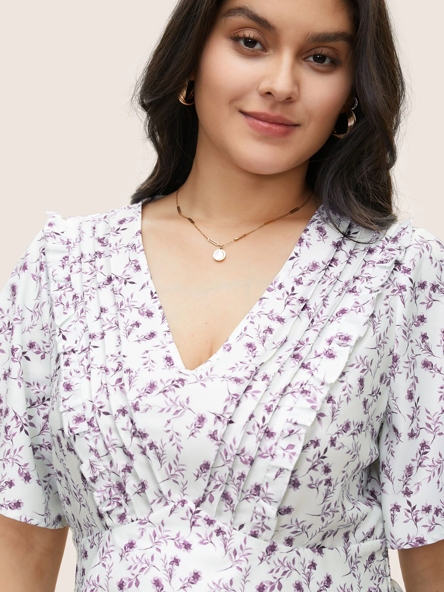 Floral Pleated Elastic Waist Ruffle Sleeve Blouse