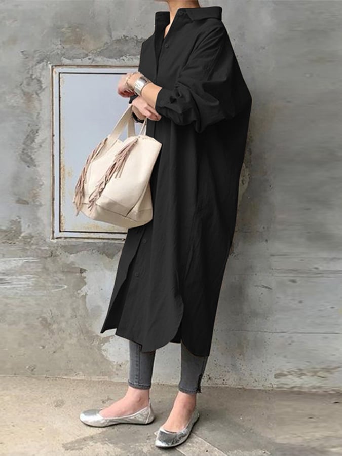 Women's Solid Color Casual Long Sleeve Cotton Shirt Dress
