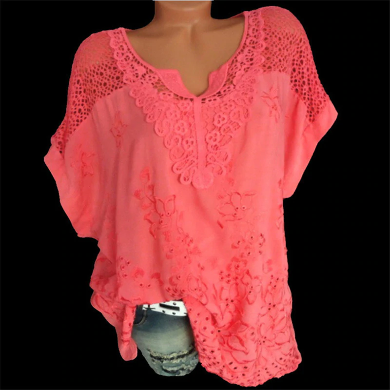 (S-6XL)Damskie koronki V-Neck haftowane krótki rękaw Batwing