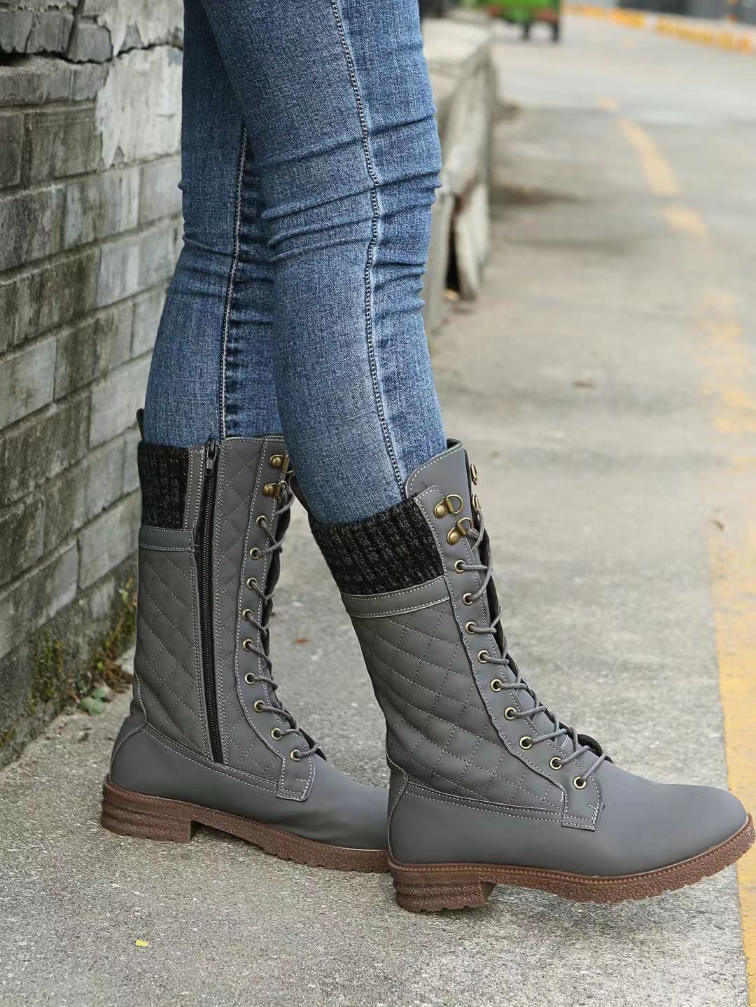 Autumn and Winter Women's Mid-Calf Flat Heel Snow Boots in Solid Color