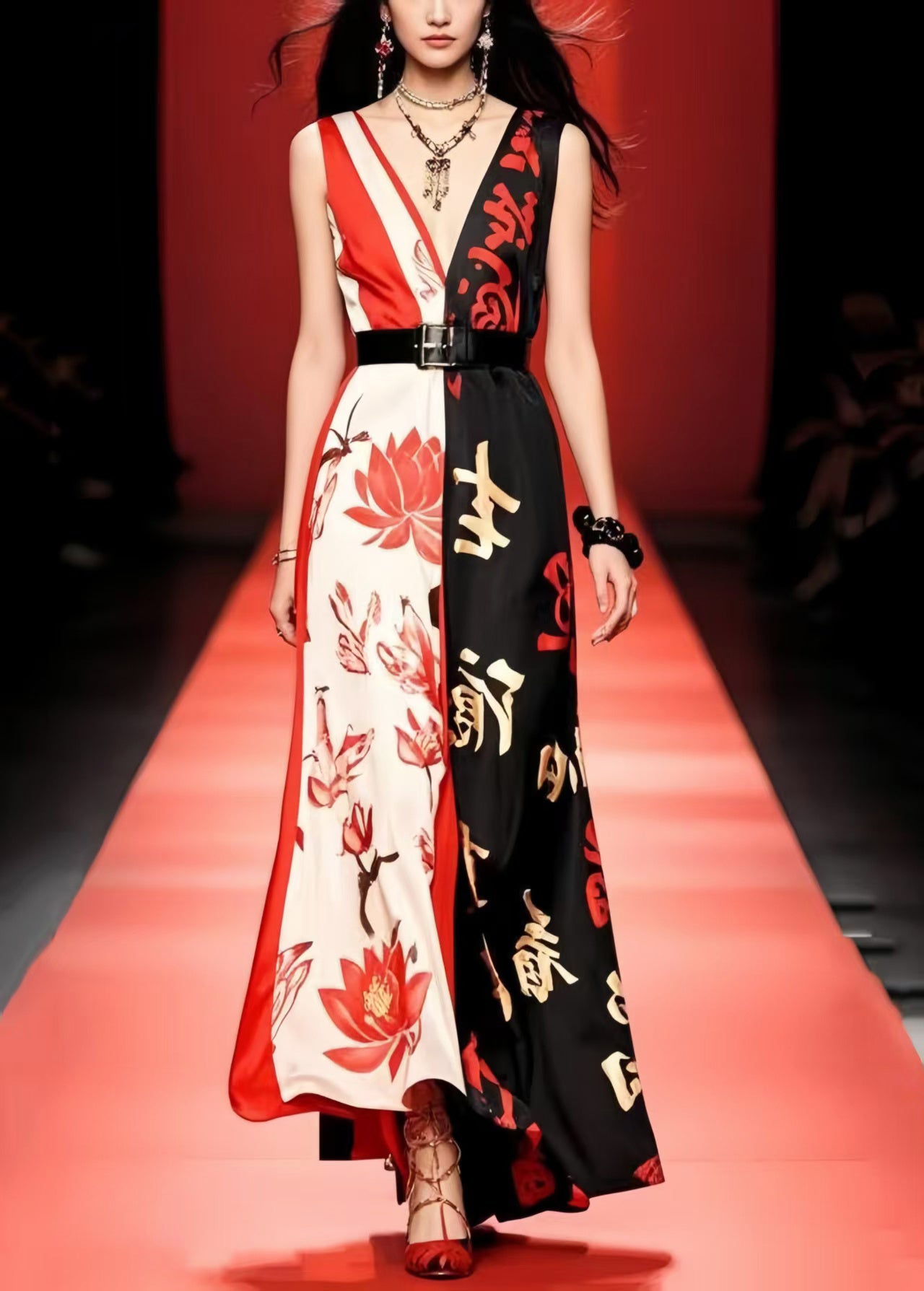 French Colorblock Cinched Print Silk Maxi Dresses Sleeveless