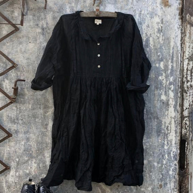 Solid Button Neck Loose Swing Mini Dress