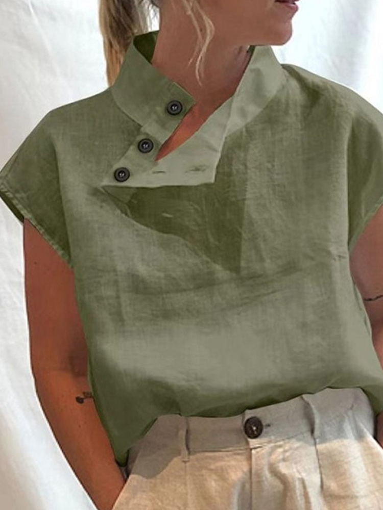 Solid Color Button Stand Collar Casual Blouse