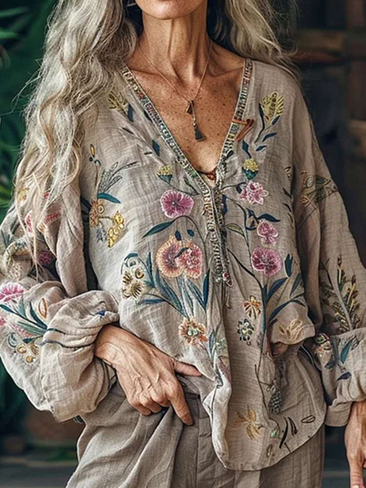 Bohemian Floral Linen Art Print Long Sleeve V-neck Shirt