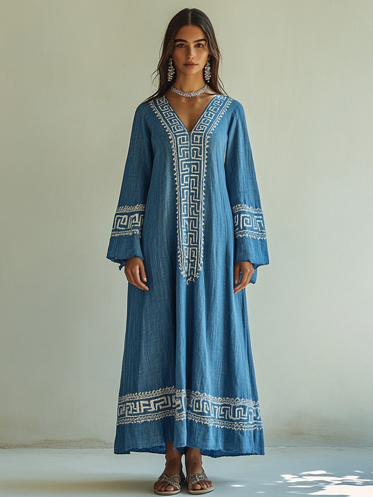 Retro Greek Key Graphics V Neck Linen Blend Maxi Dress