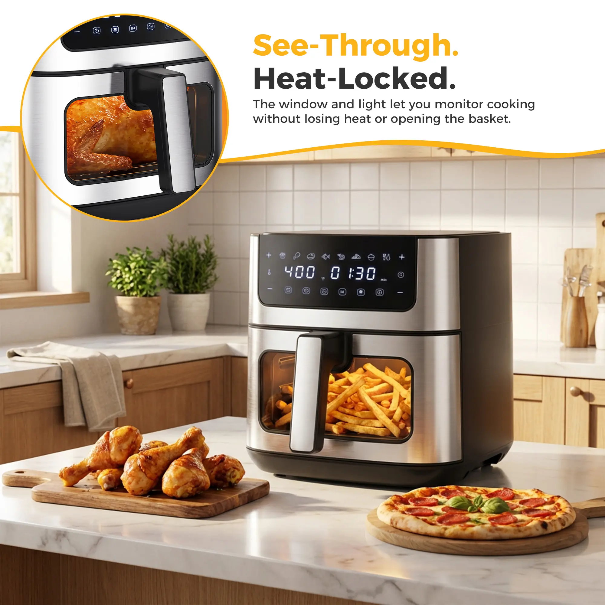 6.34QT Air Fryer with Window 8 Food Presets 400°F Max Heat 90-Min Timer Nonstick Dishwasher-Safe Basket for Air Fry Roast Reheat Bake Stainless Steel