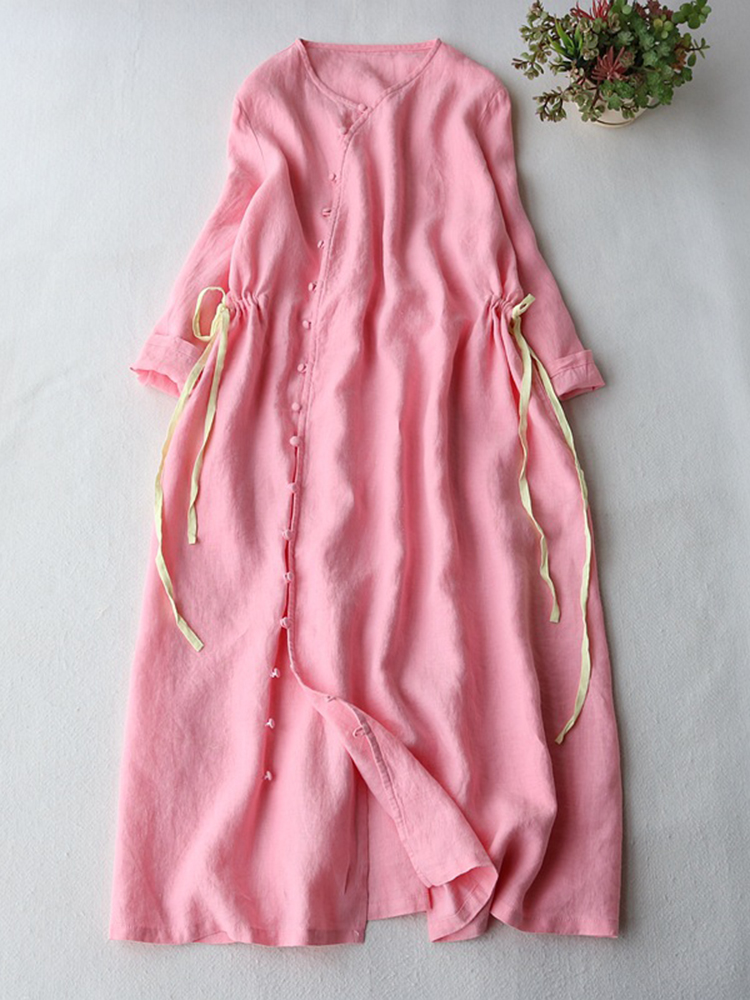 Fashion Solid Color V Neck Loose Midi Dress