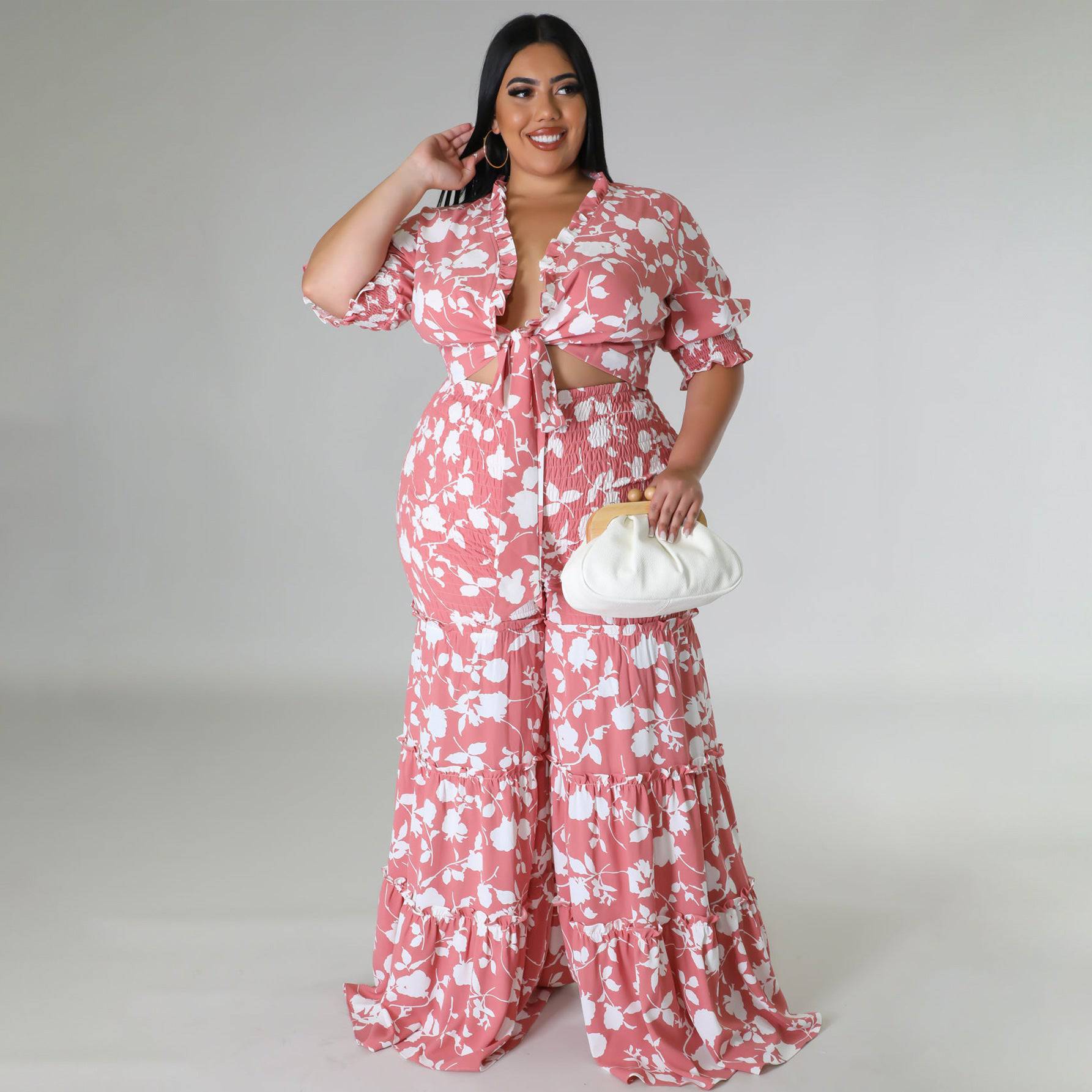 Plus Size Women Strap Printing Two Piece Suit Wide Leg Pants Summer