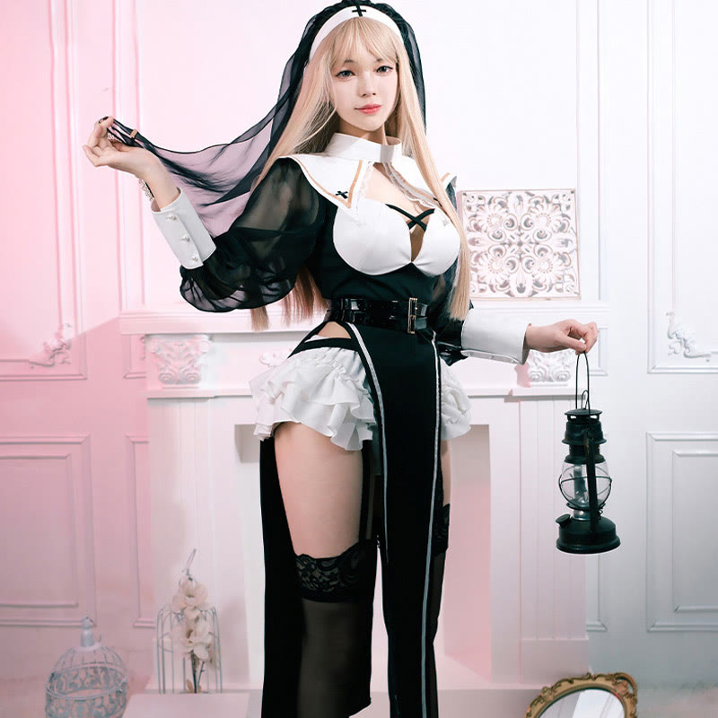 Nun Cross Hollow Out Lingerie Dress Set