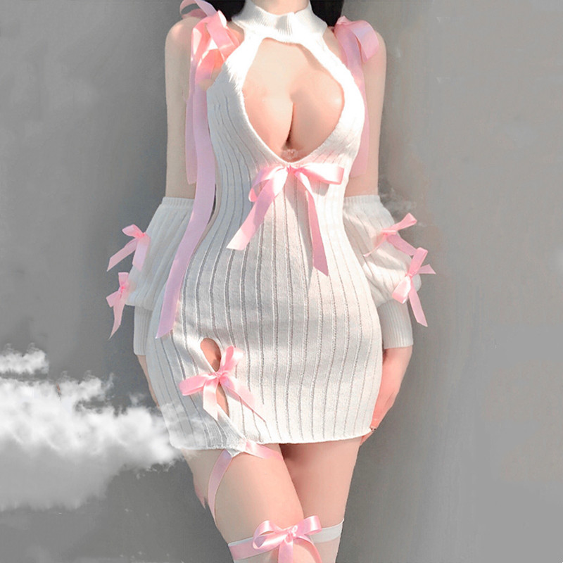 Knit Lace Up Hollow Out Halter Lingerie Dress