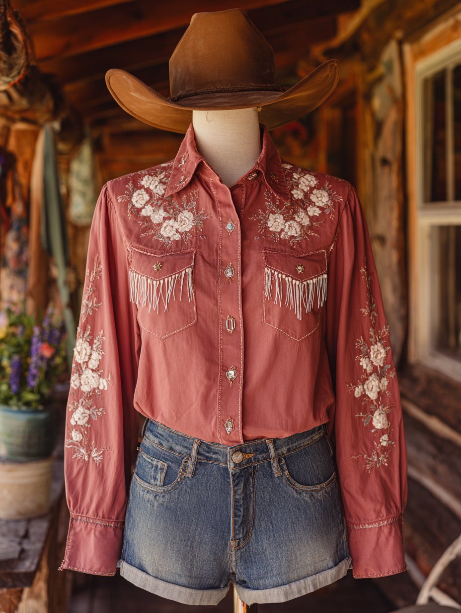 Women's Western Vintage Tassel Floral Print Western Long Sleeve Shirt