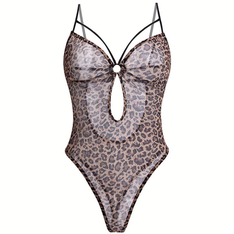 Leopard Print Hollow Out Backless Jumpsuit Lingerie