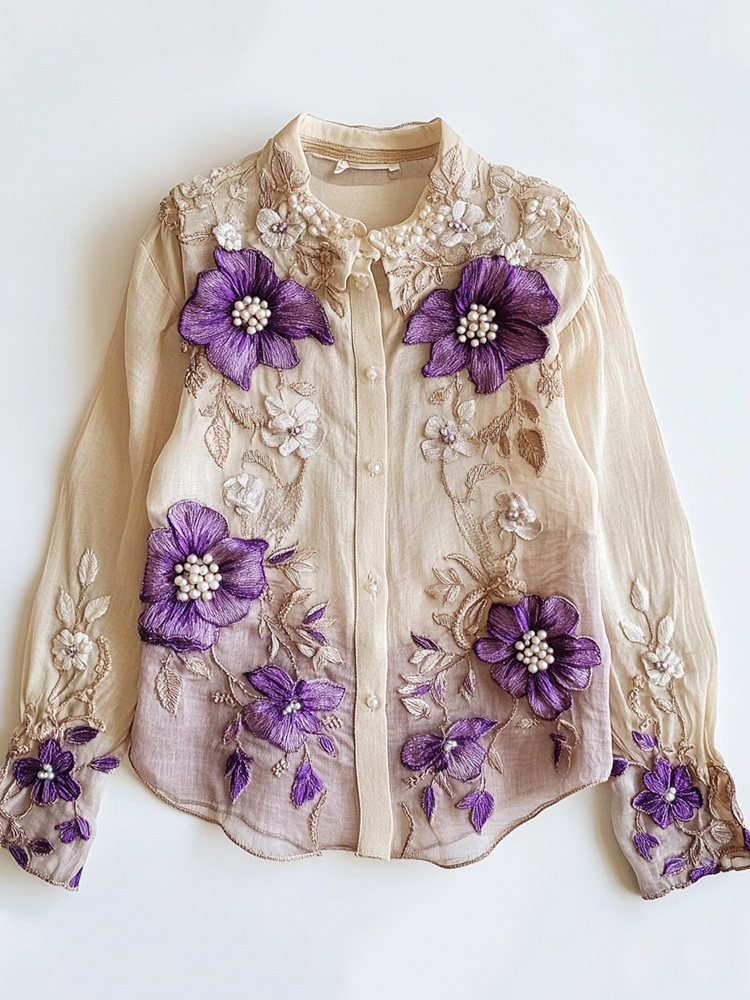 Women's Lace Floral Embroidered Linen Blend Shirt