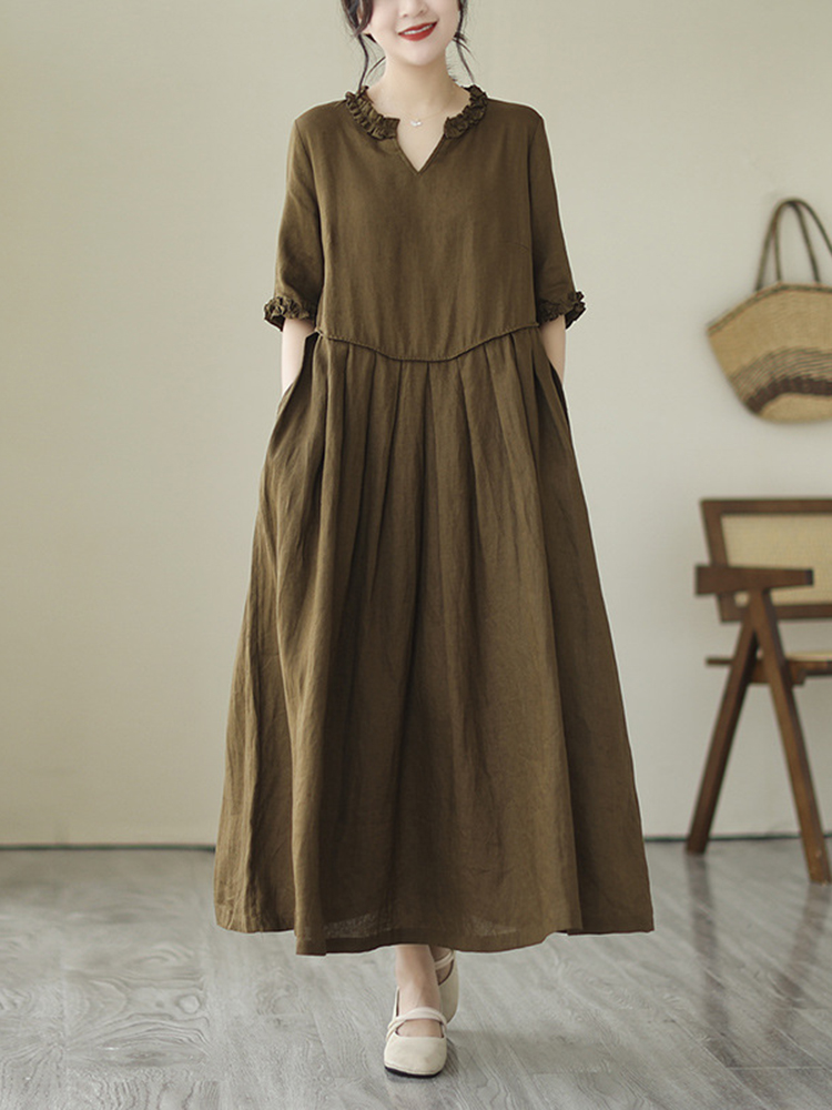 Vintage Cotton Numb Ear V Neck Midi Dress