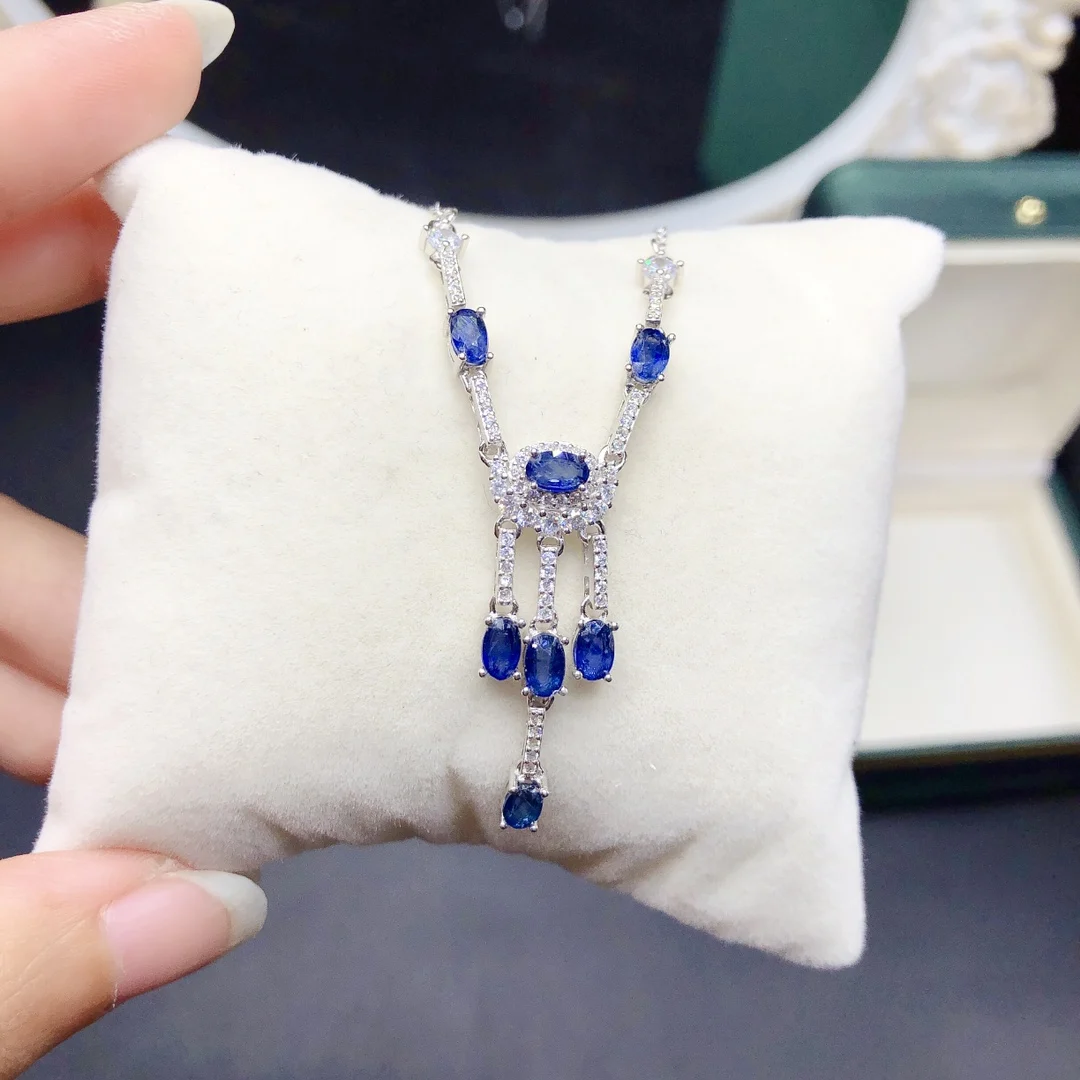 925 pure silver natural sapphire set chain necklace jewelry Fire color good women's luxury jewelry certified boutique