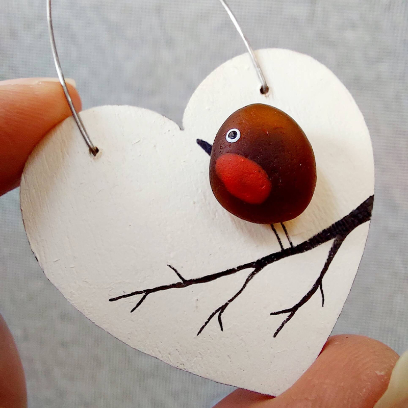 Sea Glass Robin Heart Decoration