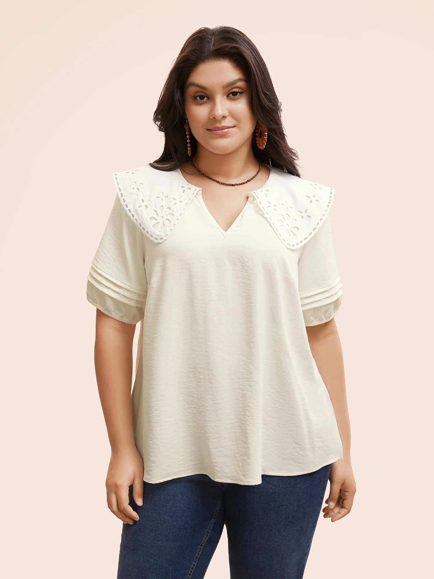 Lace Collar Lantern Sleeve Pleated Blouse