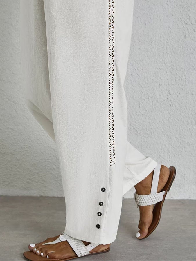 Casual Elegant Lace-Up With Pockets Buttons Lace Side Cotton Linen Trousers