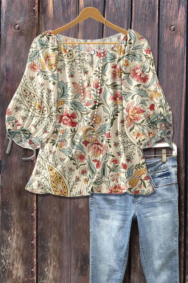 Mixed Floral Print Tied Lantern Sleeve Top