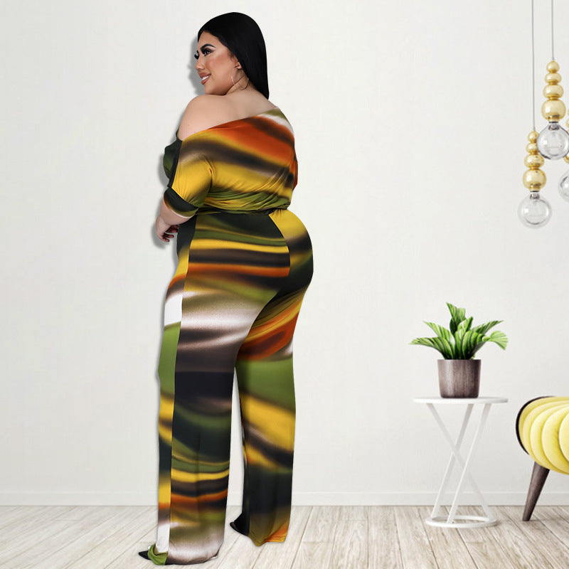 Plus Size Women Clothes Autumn Wide-Leg Pants Digital Printing Romper New Arrival