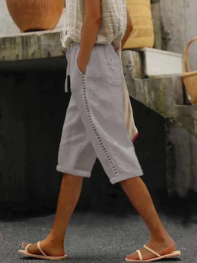 Cotton And Linen Side Lace Hollow Stitching Casual Five-Point Pants