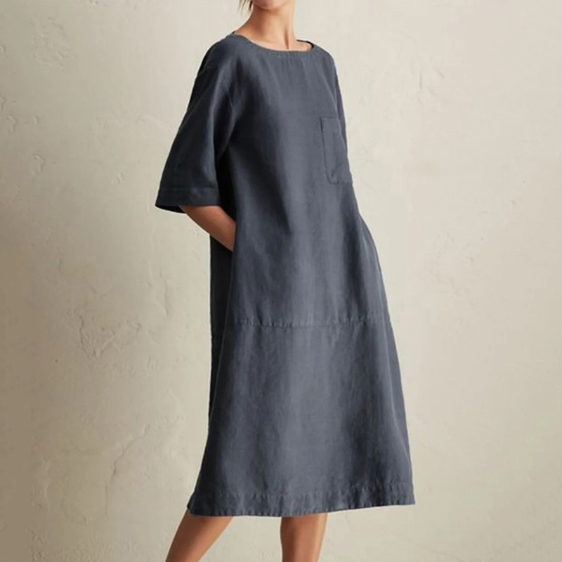 Vintage Plain Pocket Round Neck Short Sleeve Midi Dress