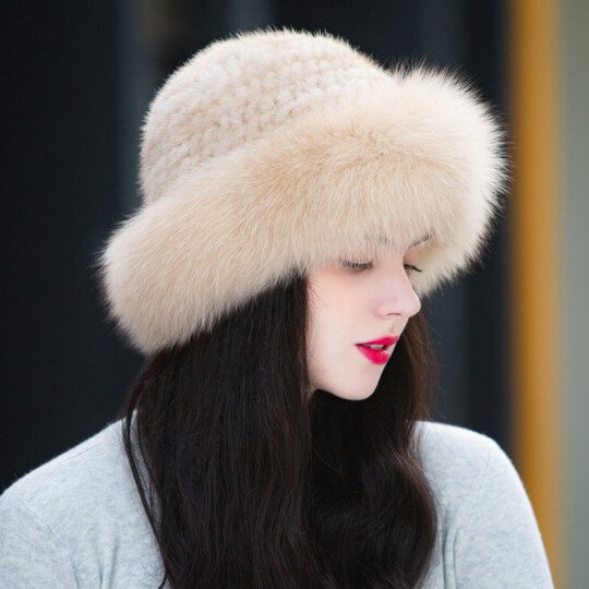 Fashion sweet and cute mink fox fur braided real hair warm thick fisherman hat basin hat