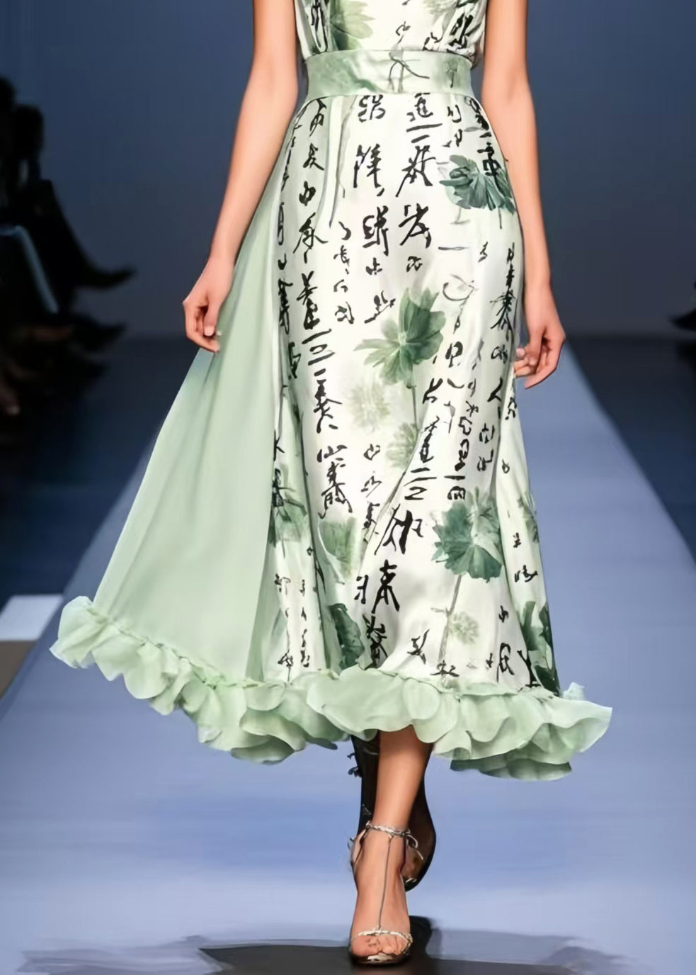 Bohemian Light Green Print Exra Large Hem Silk Cami Dresses Sleeveless