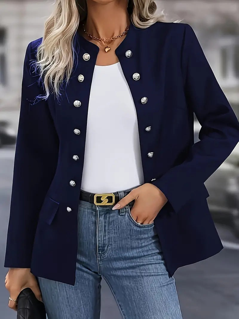 Solid Color Winter Fashion Double-Breasted Cardigan Jacket with Stand Collar