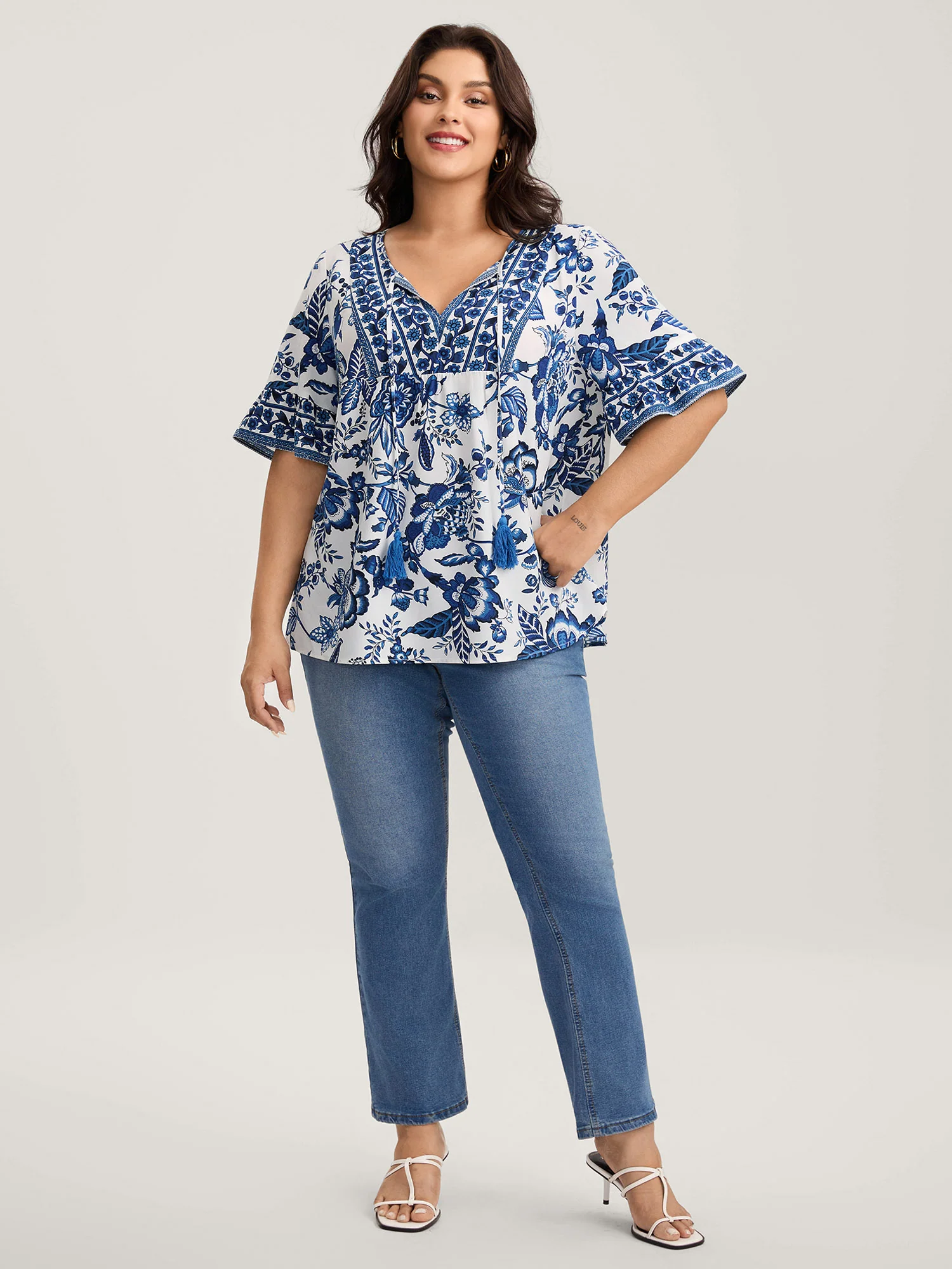 Floral Print Neck Tassels Blouse