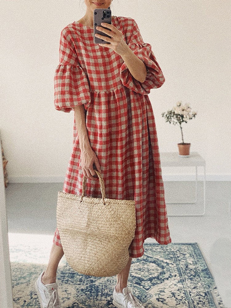 Casual Balloon Sleeve Check Crew Neck Midi Dress