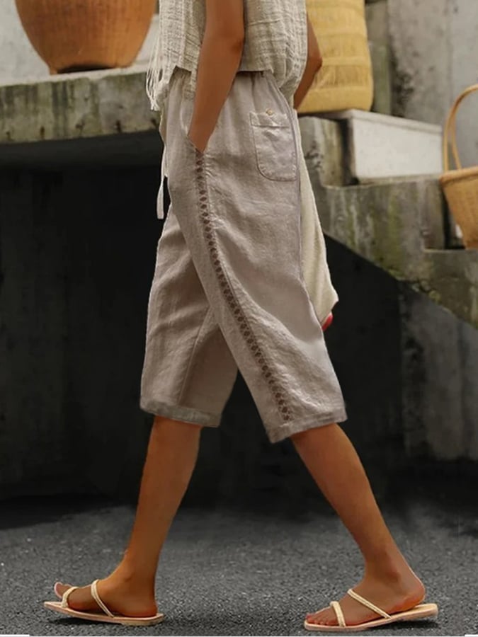 Cotton And Linen Side Lace Hollow Stitching Casual Five-Point Pants