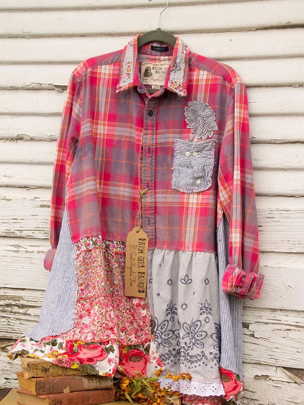 Women Boho Pink Plaid Flannel Shirt