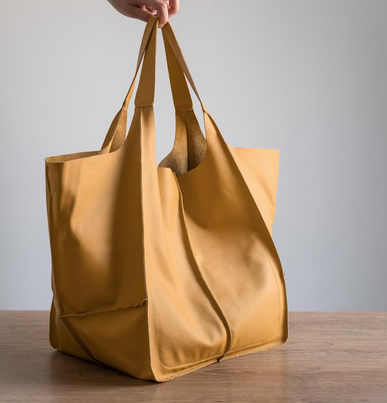 COGNAC LEATHER TOTE bag, Slouchy Tote, Cognac Handbag for Women, Every Day Bag, Women leather bag, Weekender Oversized bag