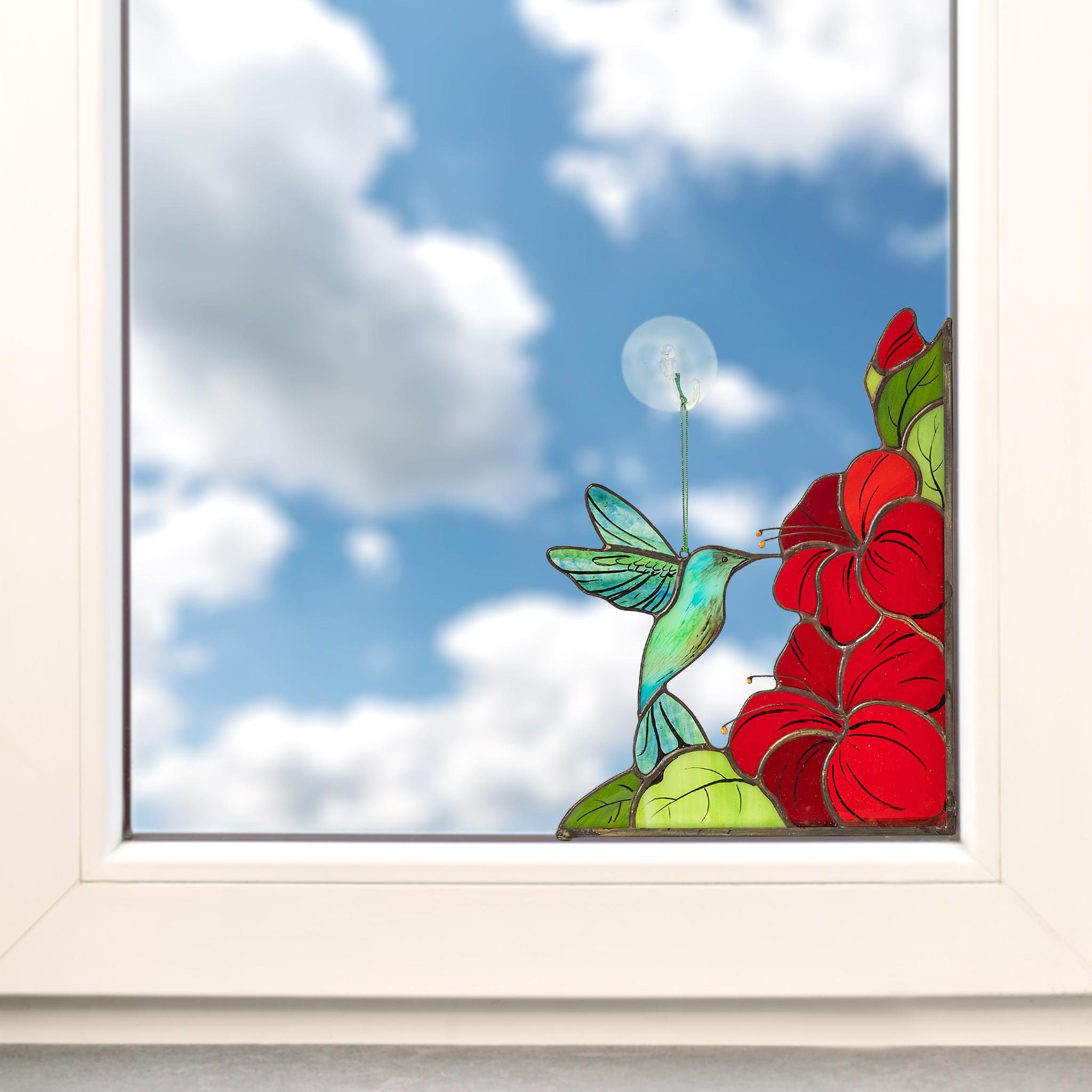 🔥2025 ON SALE🔥Stained Glass Hummingbird Window Corner with Red Hibiscus Flowers