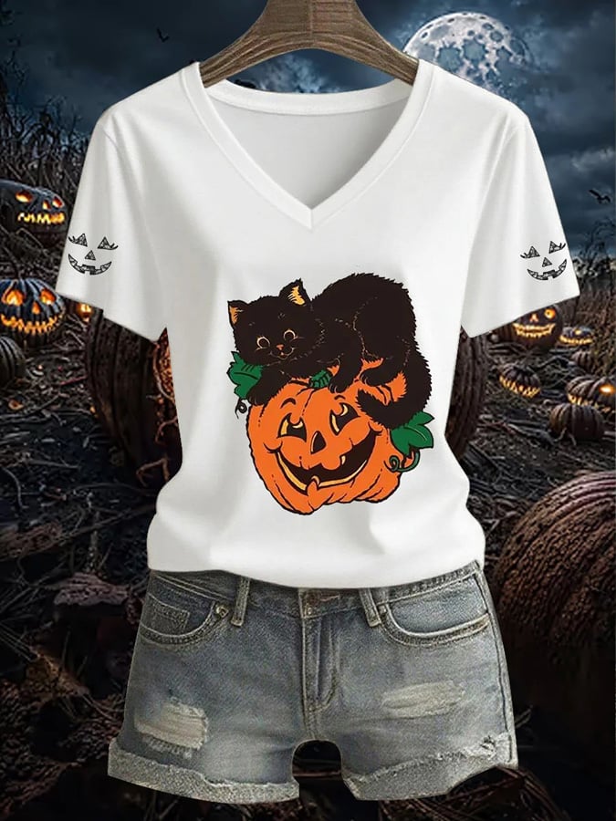🔥Buy 3 Get 10% Off🔥Women's Casual Halloween Cat Print V-Neck Short Sleeve T-Shirt