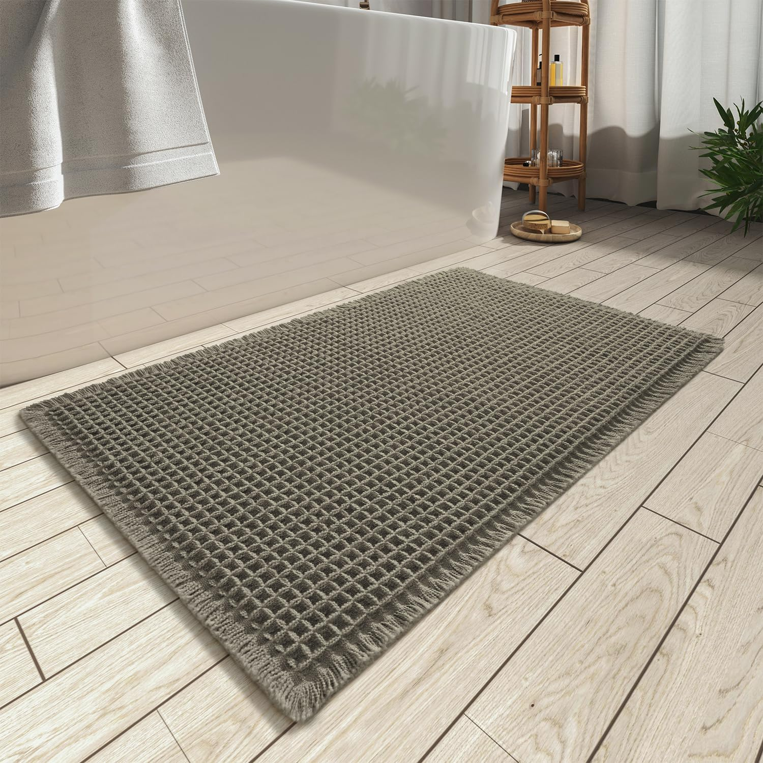 Upgraded Waffle Bath Mat, Machine Washable Bathroom Rugs with Tassels, Rubber Backed Bathroom Mats, Ultra Soft