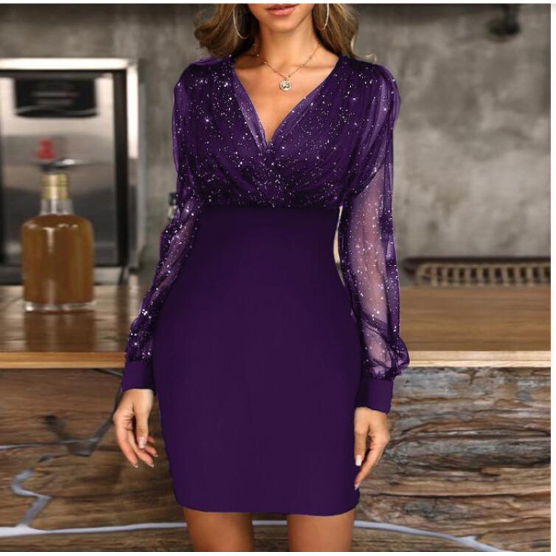 Fall new hip dress, net yarn v-neck sequin dress slim sexy dress