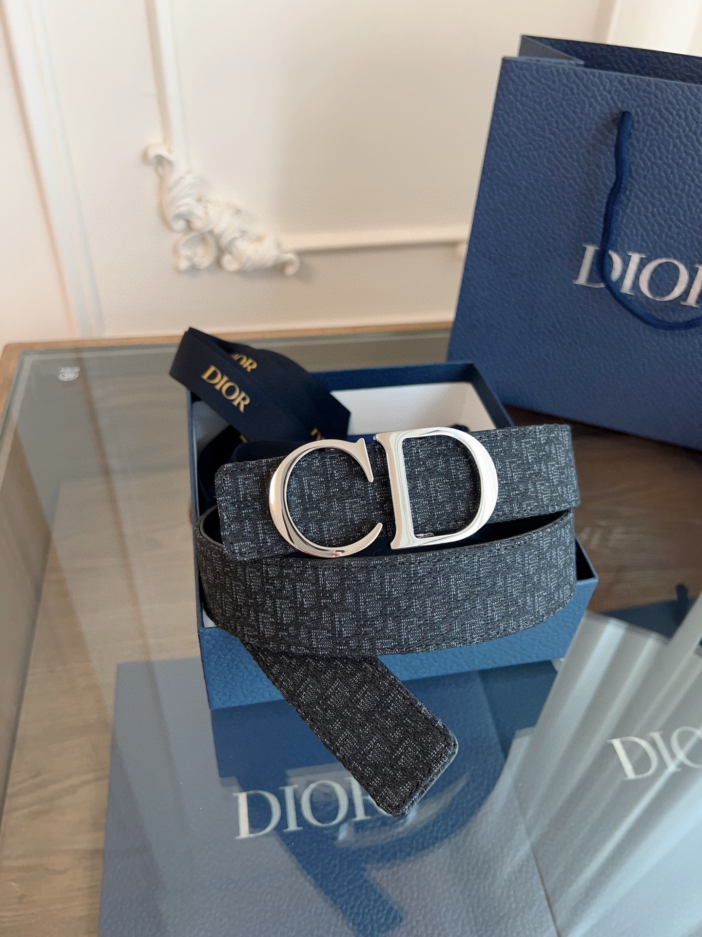 Dior Oblique Blue Cloth Black Cowhide Leather Strap 3.5cm Wide