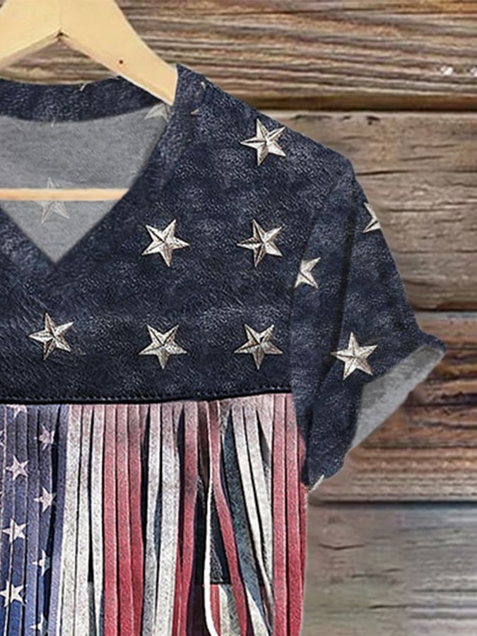V-Neck Retro Independence Day Flag Color Block Rivets Tassel Print T-Shirt