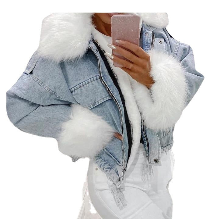 Washed White Short Denim Jacket with Integrated Fur