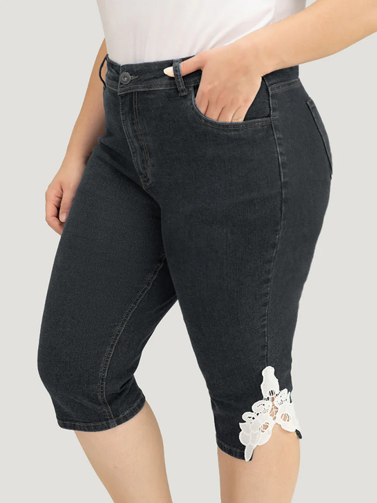 Very Stretchy High Rise Medium Wash Guipure Lace Knee Denim Shorts