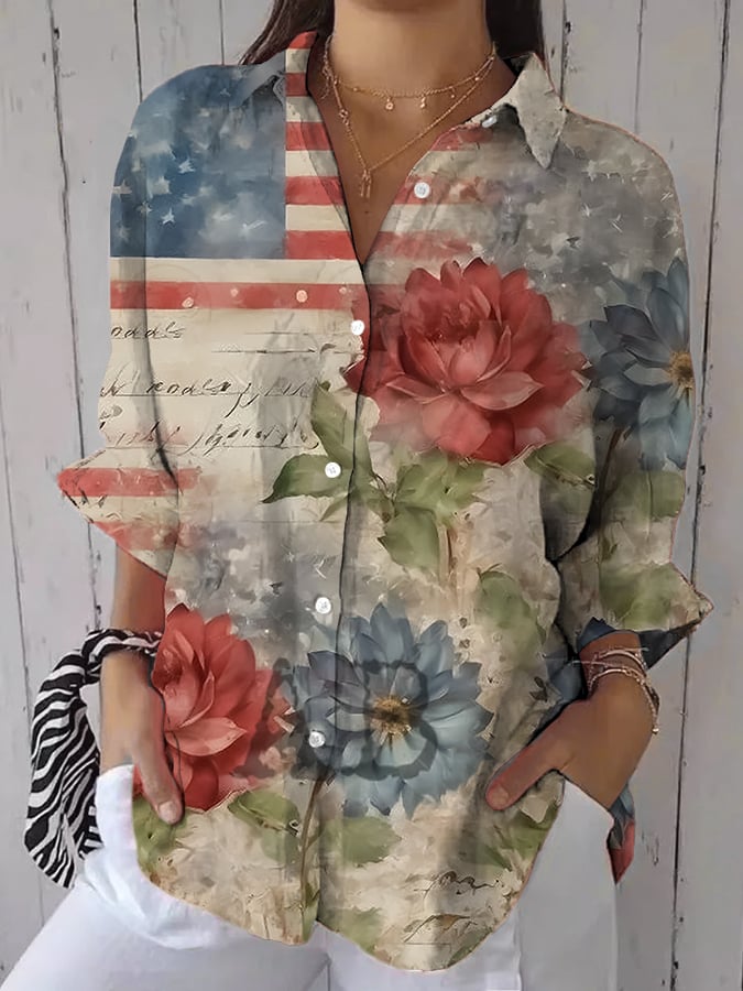 Women's Casual Cotton and Linen Floral Independence Day Shirt