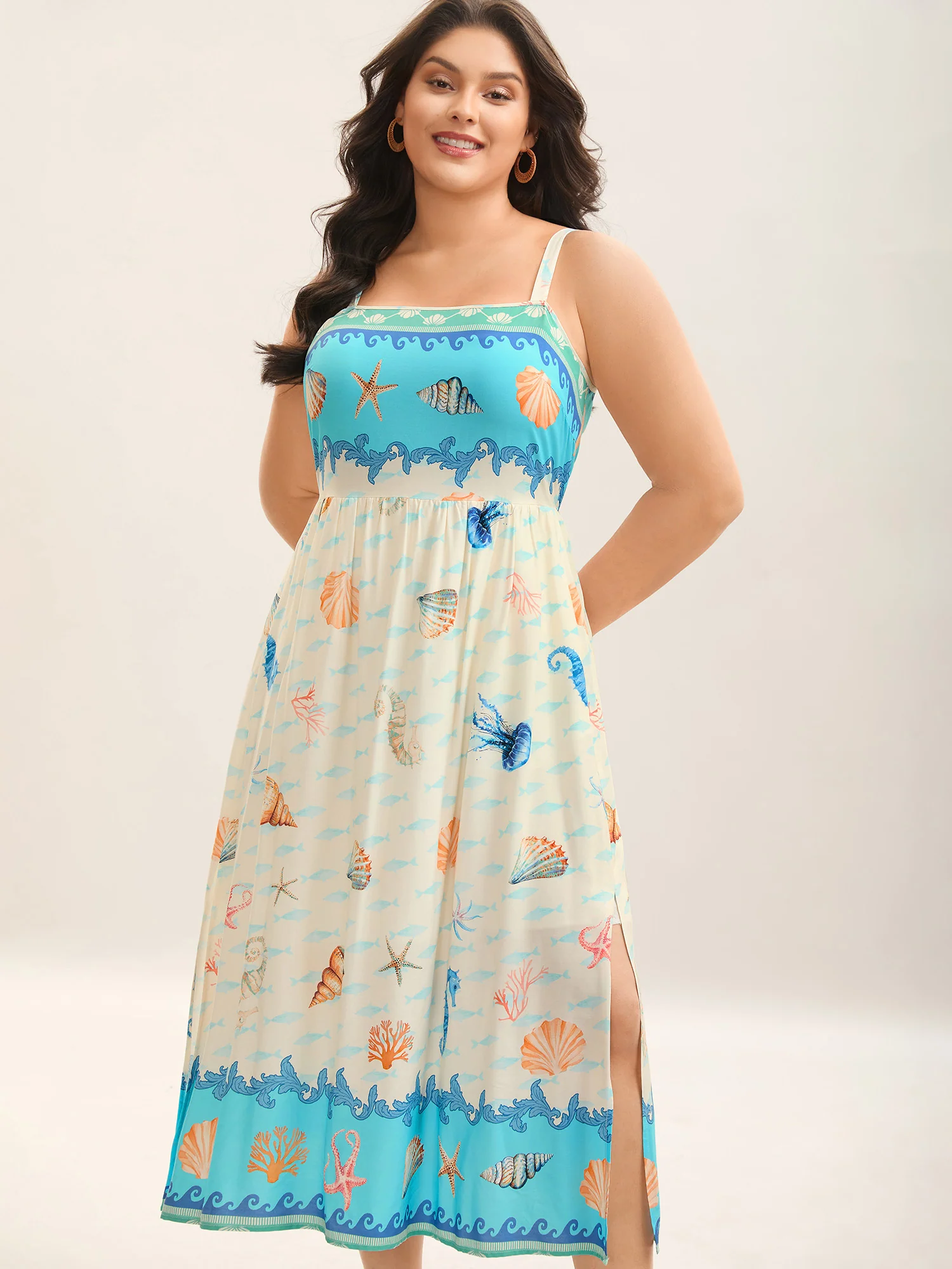 Oceanic Print Slit Sleeveless Midi Dress