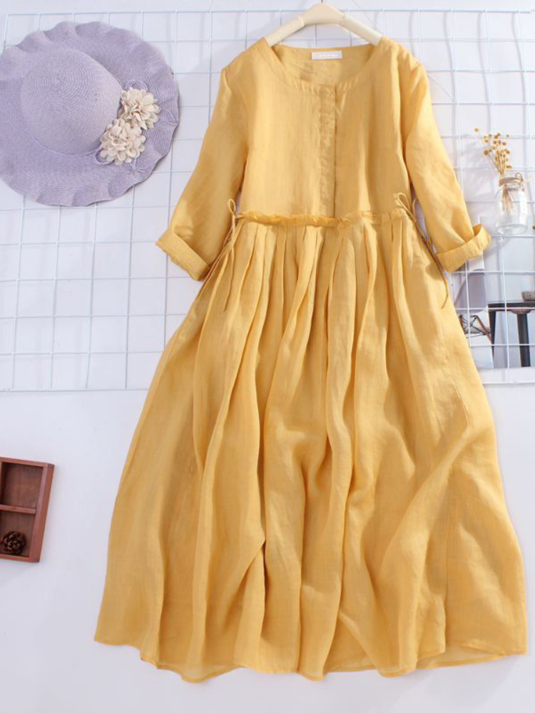Solid Color Pleated Crew Neck Pocket Midi Dress