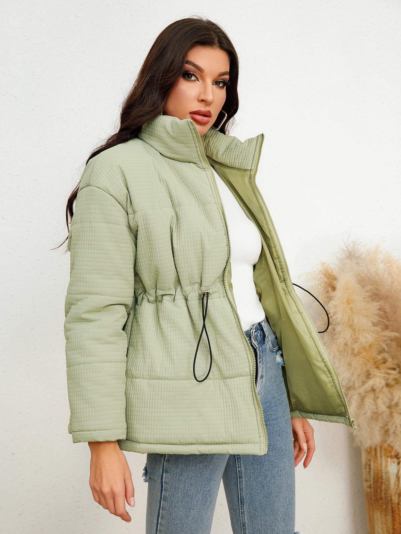 Women Wear Corduroy Cotton Coat Winter Loose Collared Zipper Cinched Drawstring Cotton Padded Coat